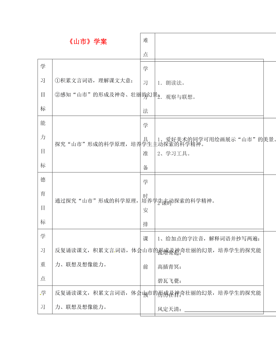 七年級(jí)語(yǔ)文上冊(cè) 山市學(xué)案（教師用）（無(wú)答案） 人教新課標(biāo)版_第1頁(yè)