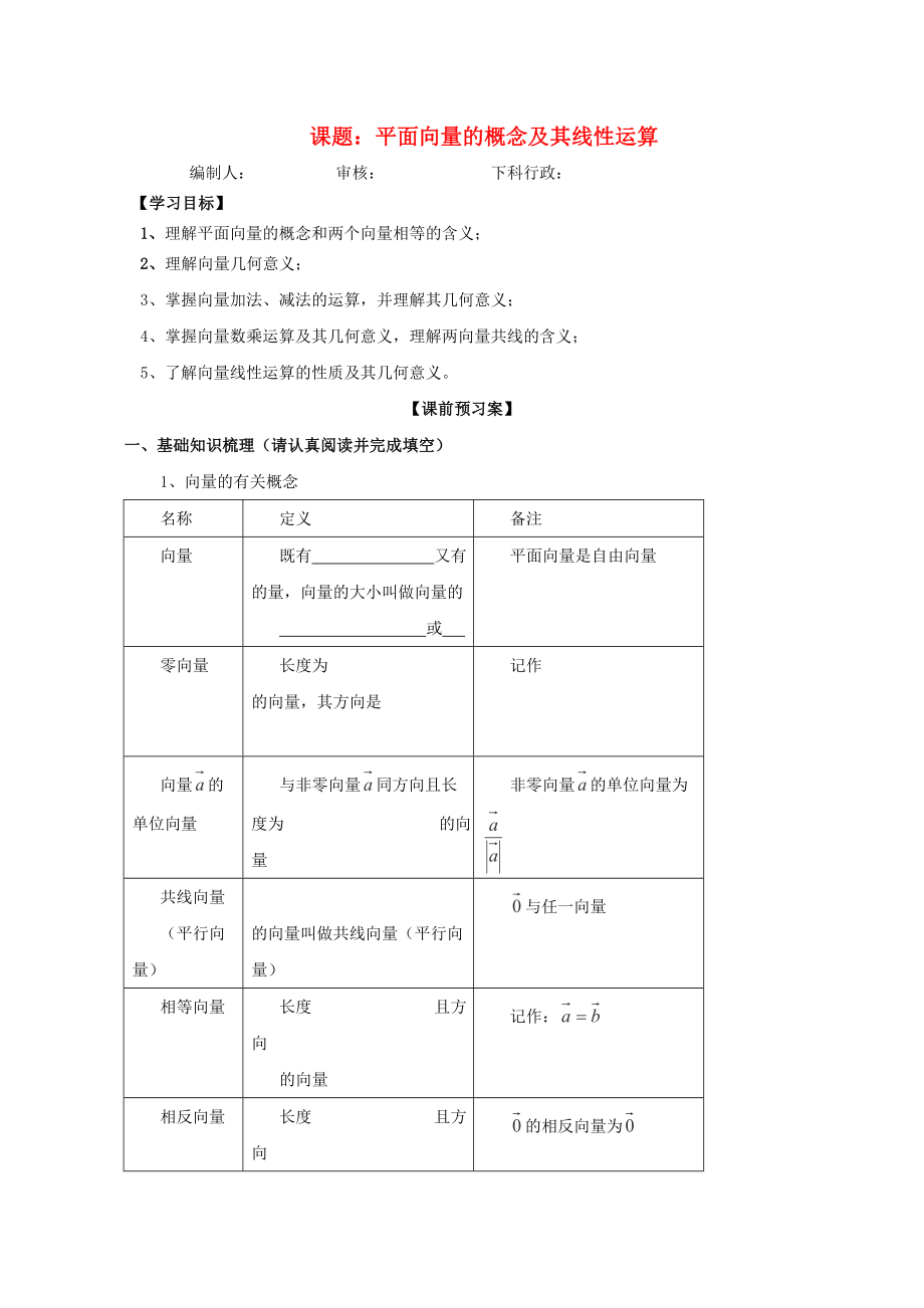 廣東省佛山市順德區(qū)高三數(shù)學(xué)第一輪復(fù)習(xí) 平面向量的概念及其線性運(yùn)算導(dǎo)學(xué)案 理（通用）_第1頁