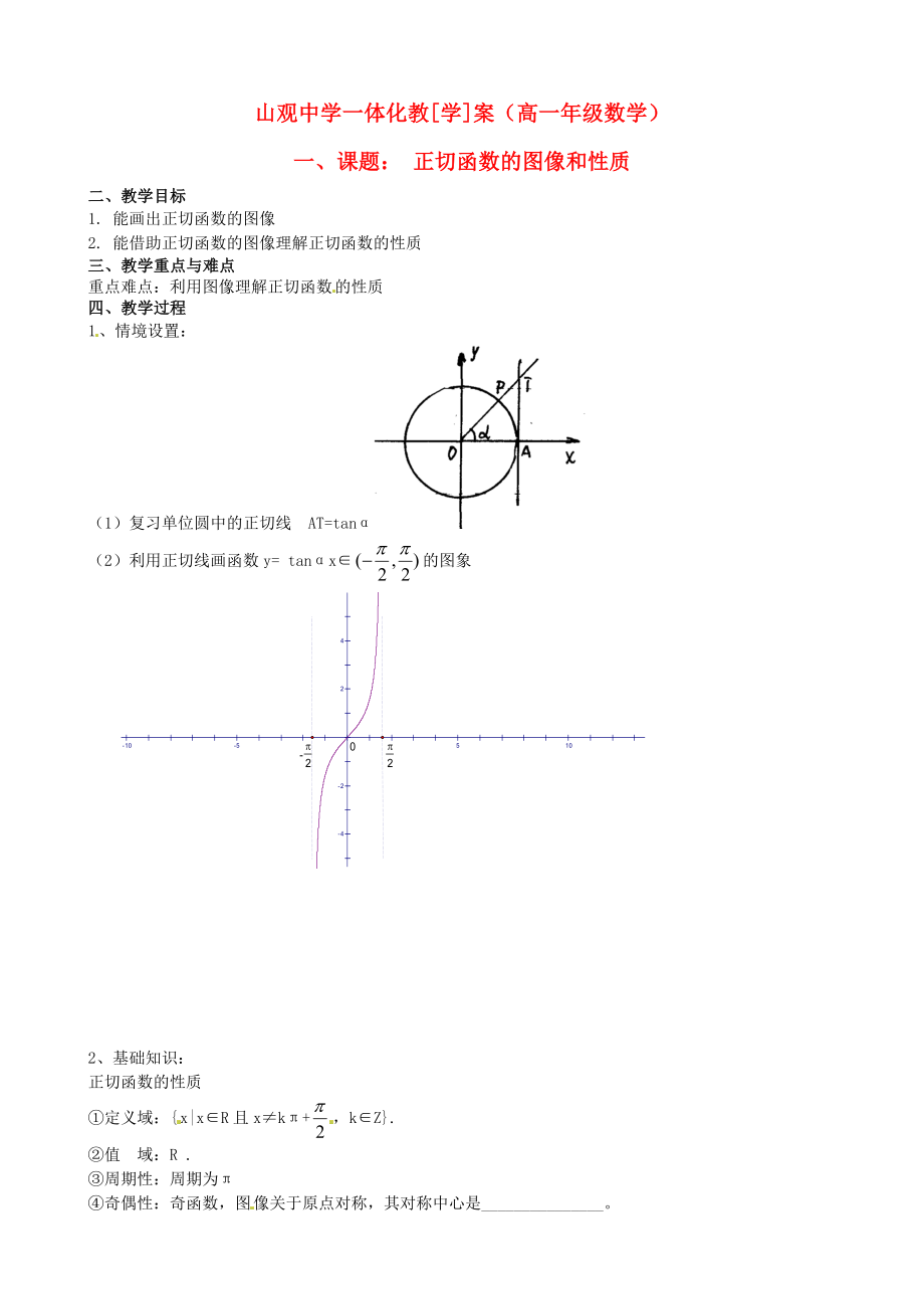 江蘇省江陰市山觀高級中學高中數學 正切函數期末復習學案（無答案）新人教版必修4（通用）_第1頁