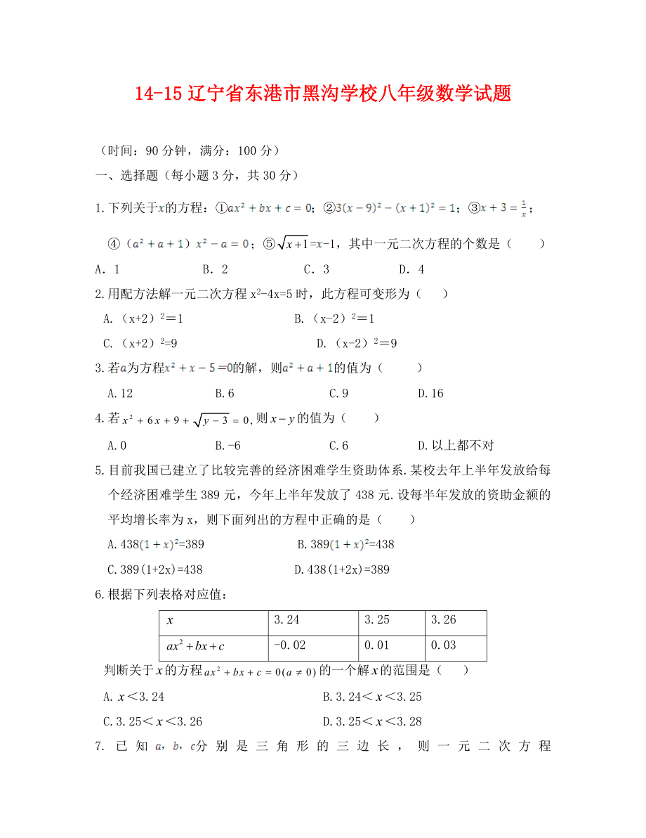 东港市黑沟中学八年级4月月考数学试题及答案_第1页