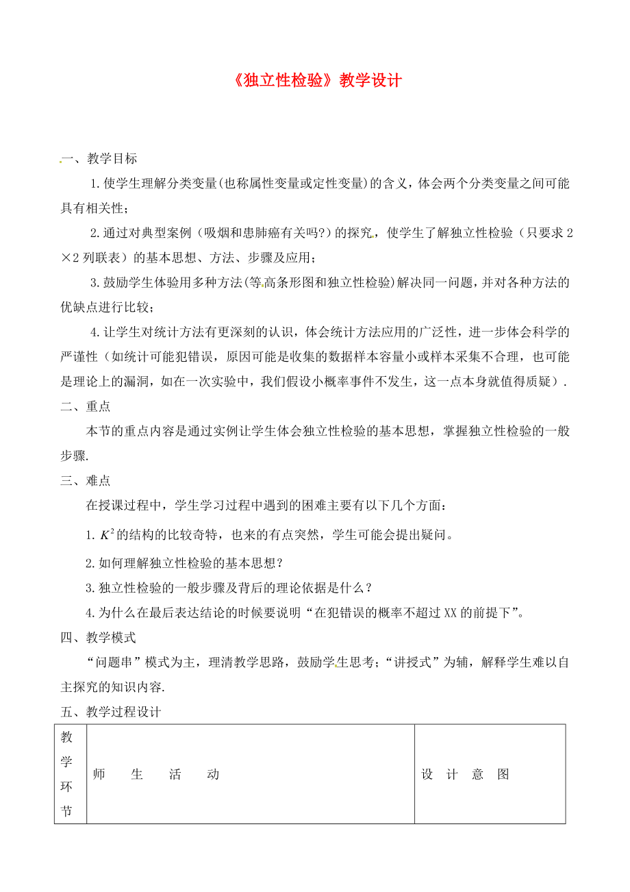 2020年高中數(shù)學(xué) 3.1《獨(dú)立性檢驗(yàn)》教學(xué)設(shè)計(jì) 蘇教版選修2-3_第1頁