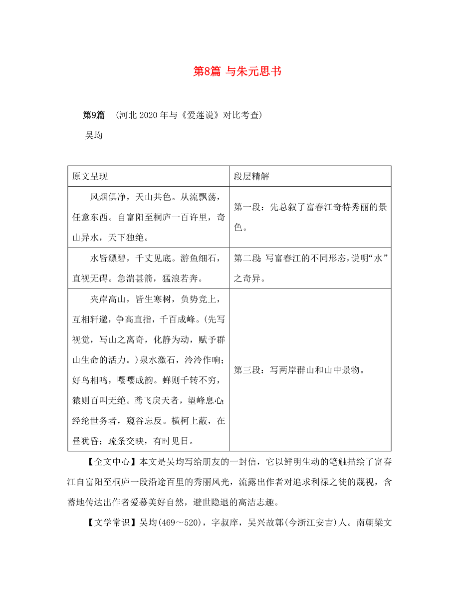 中考命題研究河北2020中考語文 專題二 文言文閱讀 第8篇 與朱元思書（無答案）_第1頁