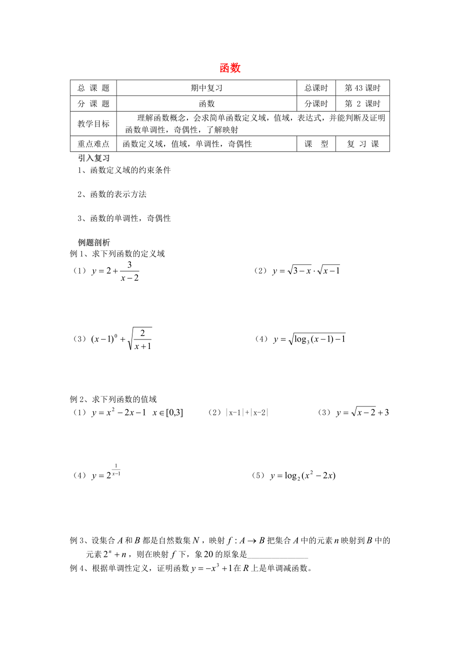 2020學(xué)年高中數(shù)學(xué) 初高中銜接教材 第43課時(shí) 函數(shù)復(fù)習(xí)學(xué)案（無答案）蘇教版_第1頁