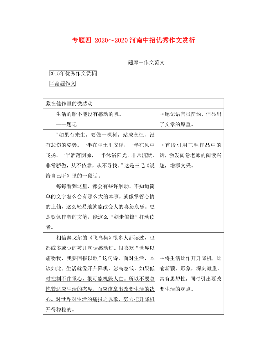 【中考試題研究】河南省2020中考語文 第四部分 作文 專題四2020河南中招優(yōu)秀作文賞析_第1頁