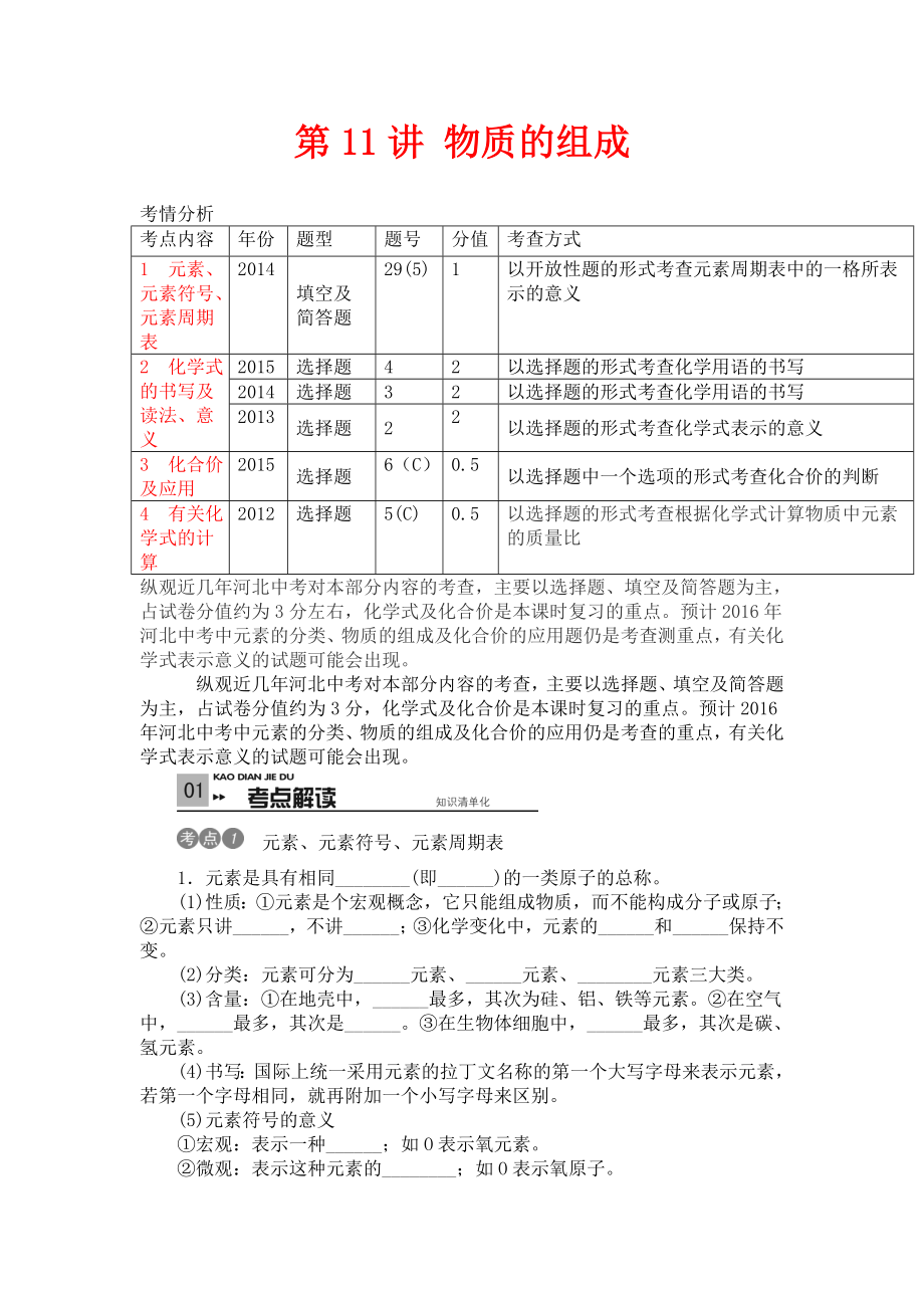 人教版中考化學(xué)第二單元《物質(zhì)構(gòu)成的秘密》（第11講 物質(zhì)的組成）專項(xiàng)訓(xùn)練_第1頁