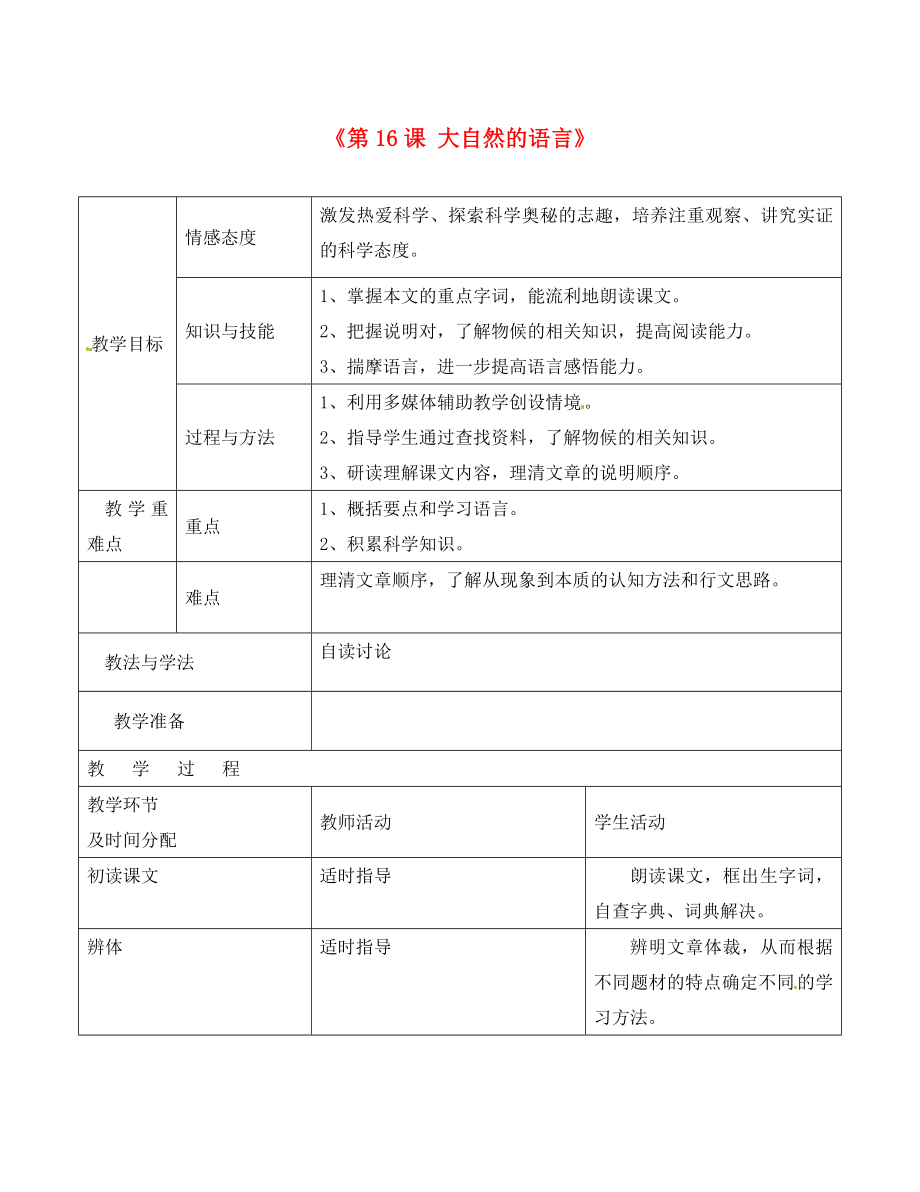 陜西省安康市紫陽縣紫陽中學(xué)初中部八年級(jí)語文上冊(cè)《第16課 大自然的語言》教案 新人教版_第1頁