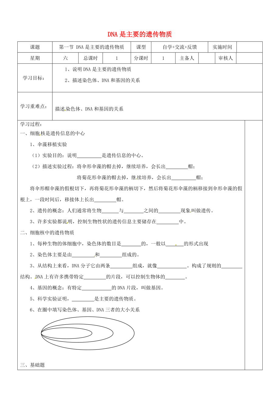 江蘇省鹽城市八年級(jí)生物下冊(cè) 22.1 DNA是主要的遺傳物質(zhì)學(xué)案（無(wú)答案）（新版）蘇教版_第1頁(yè)