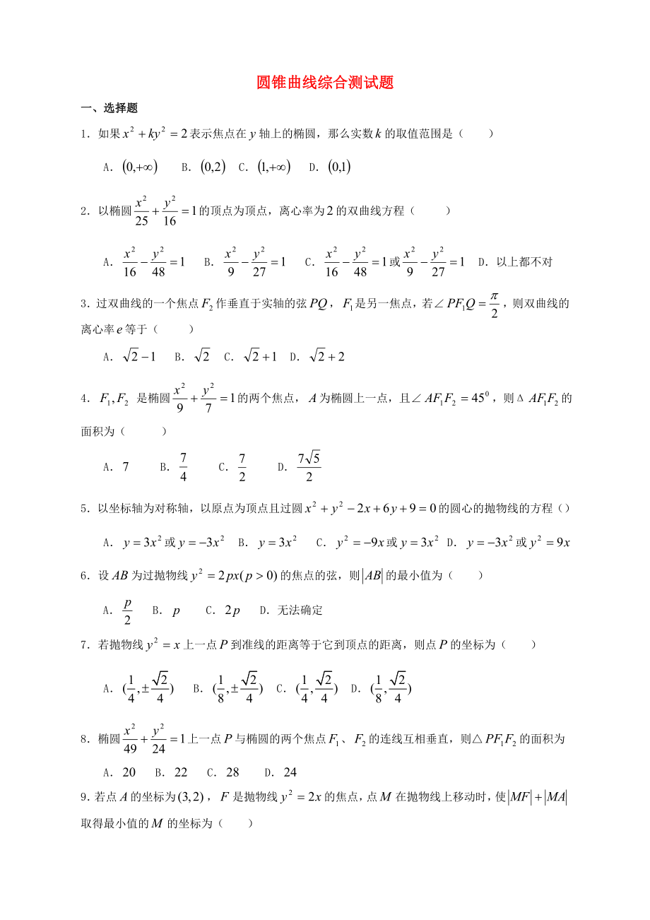山東省淄博市淄川般陽中高中數(shù)學(xué) 第二章 圓錐曲線與方程綜合測試題 新人教版選修1-1（通用）_第1頁