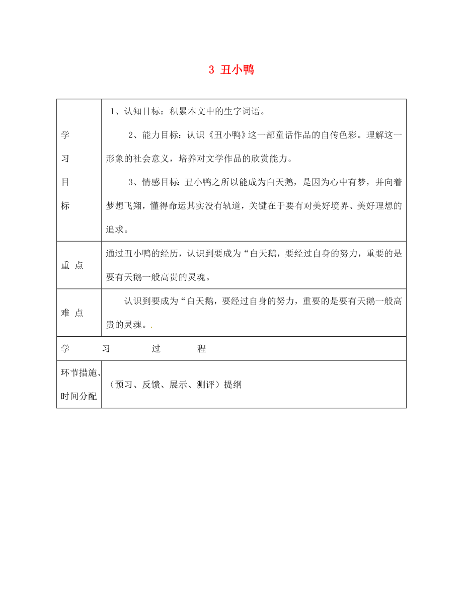 甘肅省永靖縣回民中學(xué)七年級語文下冊 3 丑小鴨導(dǎo)學(xué)案（無答案）（新版）新人教版_第1頁