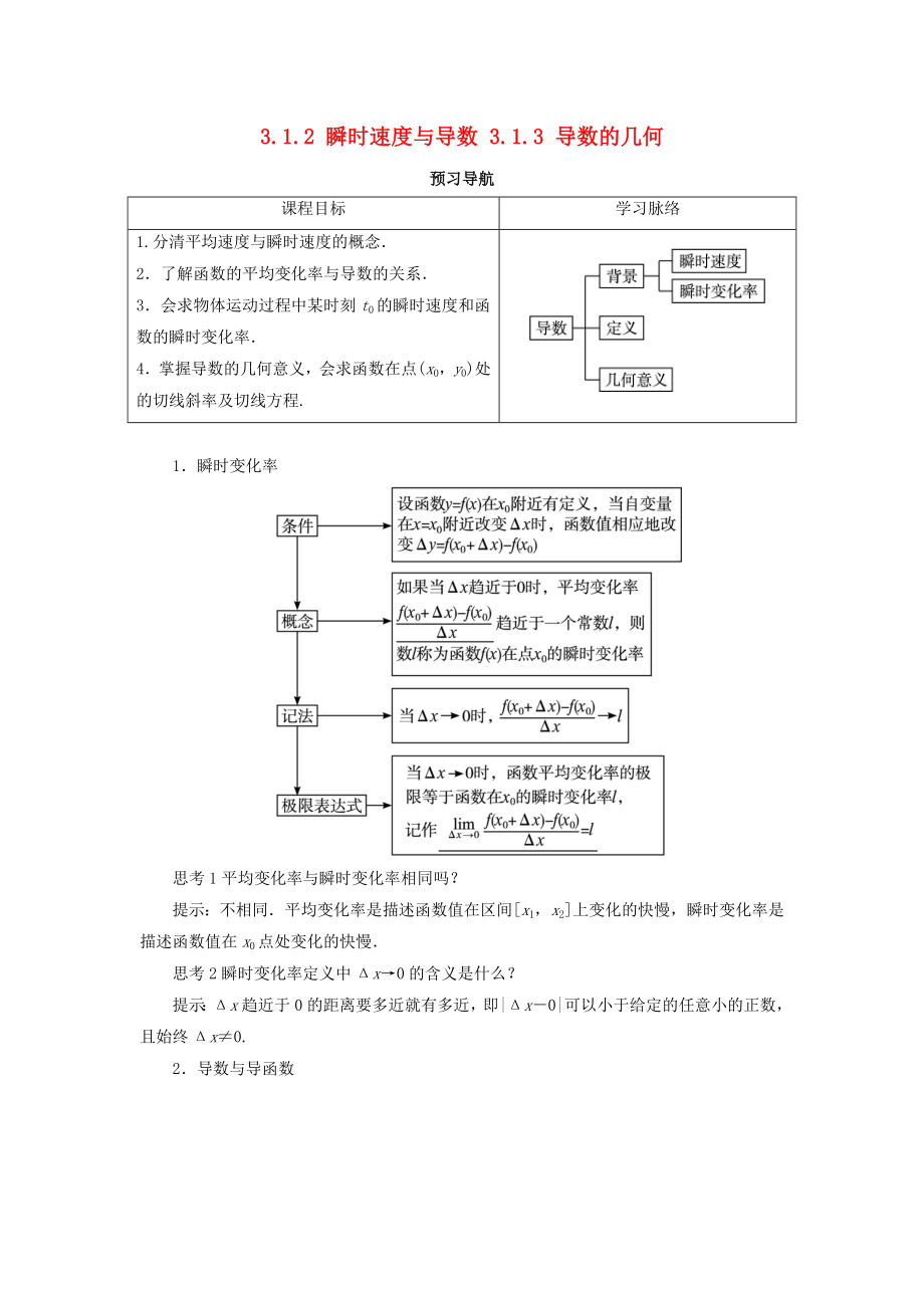 高中數(shù)學 第三章 導數(shù)及其應用 3.1 導數(shù) 3.1.2 瞬時速度與導數(shù) 3.1.3 導數(shù)的幾何意義教案 新人教B版選修1-1（通用）_第1頁