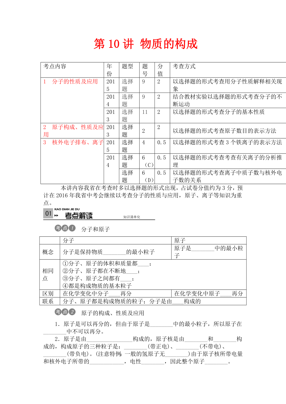 人教版中考化學第二單元《物質(zhì)構(gòu)成的秘密》（第10講 物質(zhì)的構(gòu)成）專項訓練_第1頁