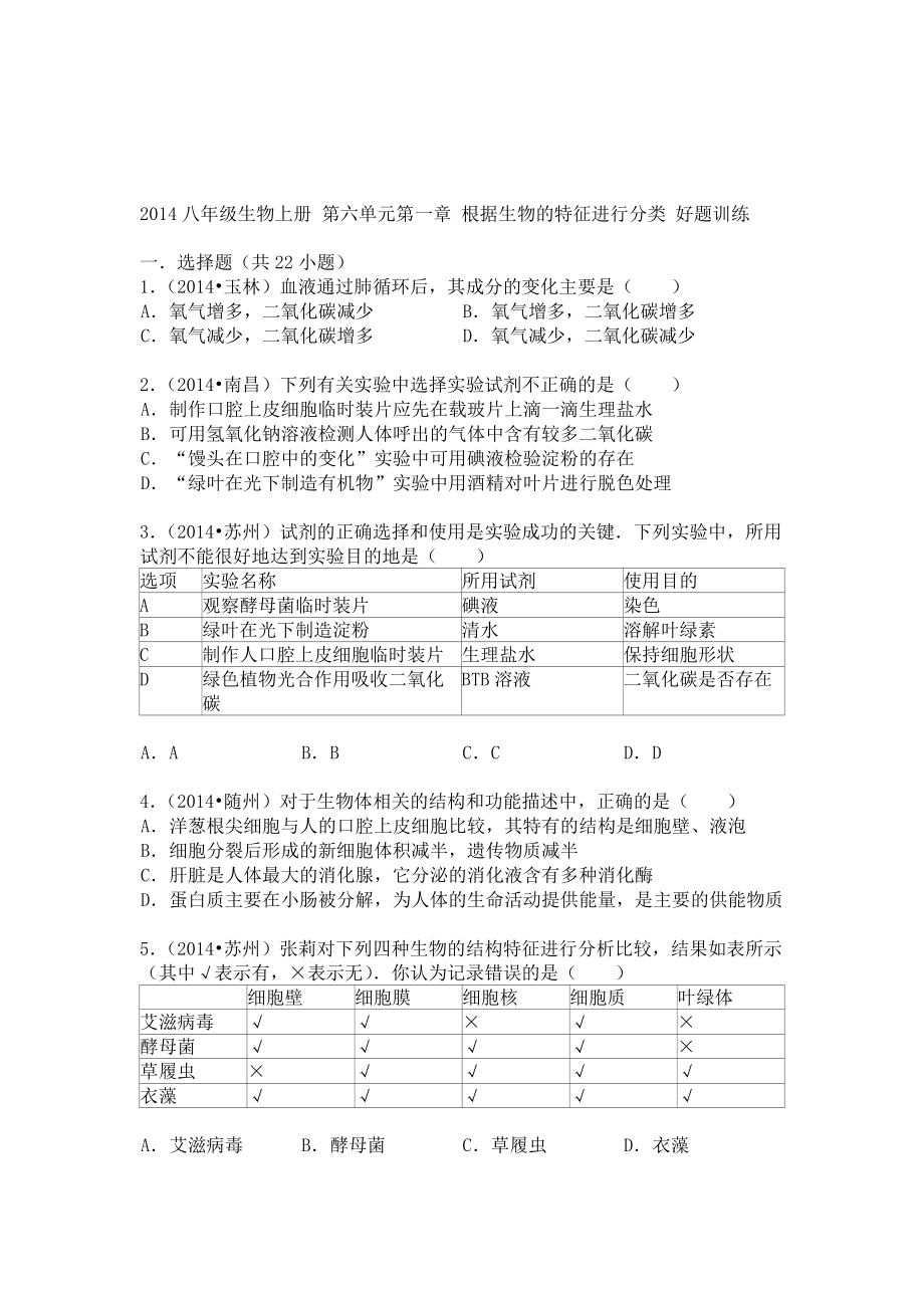 人教版生物八年級(jí)上冊(cè)第六單元第一章《根據(jù)生物的特征進(jìn)行分類(lèi)》典型試題_第1頁(yè)