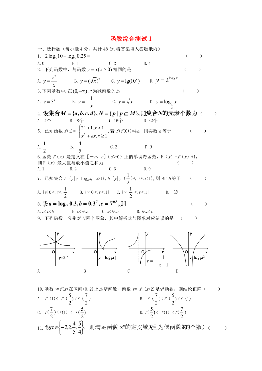 2020學(xué)年高中數(shù)學(xué) 函數(shù)綜合測(cè)試1 新人教B版必修_第1頁(yè)