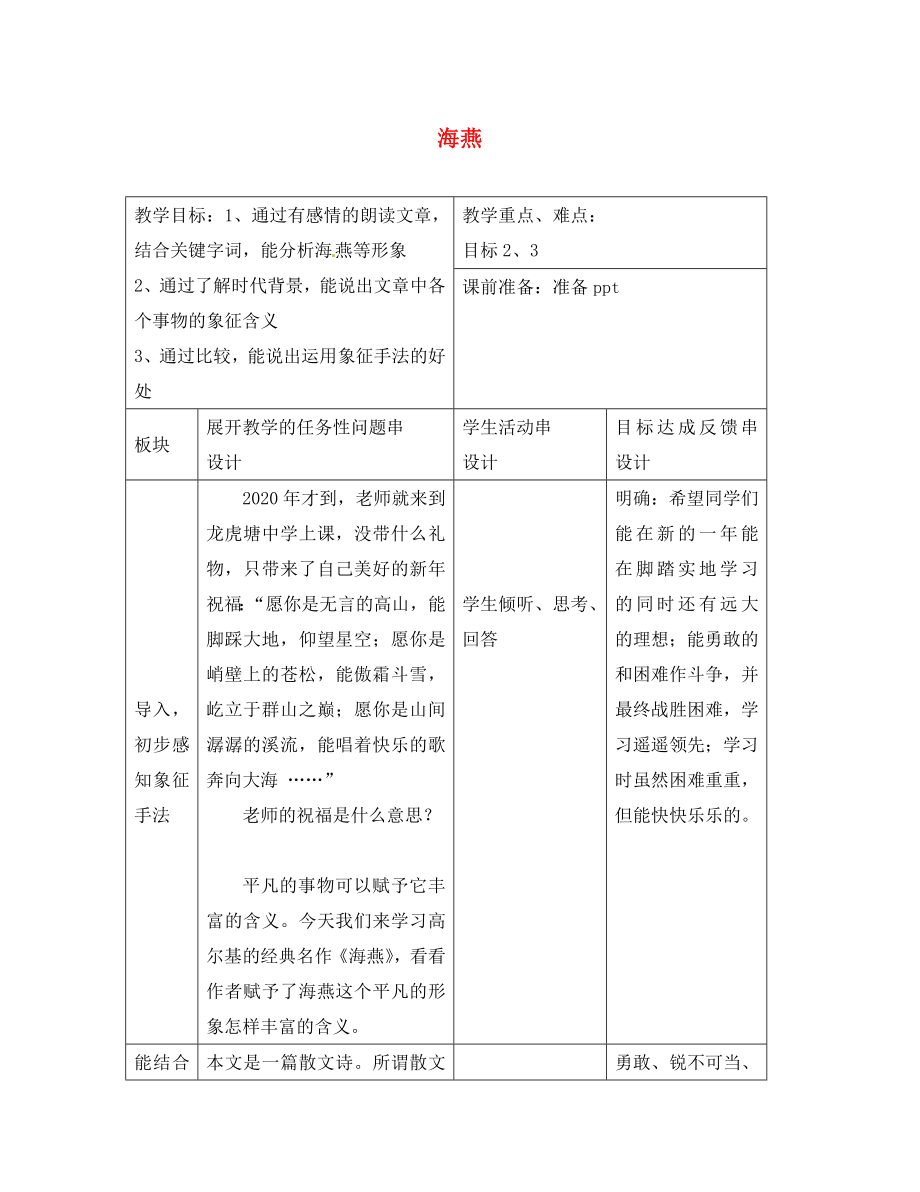 江蘇省常州市新北區(qū)實(shí)驗(yàn)學(xué)校八年級(jí)語文下冊(cè) 1 海燕教案 蘇教版_第1頁