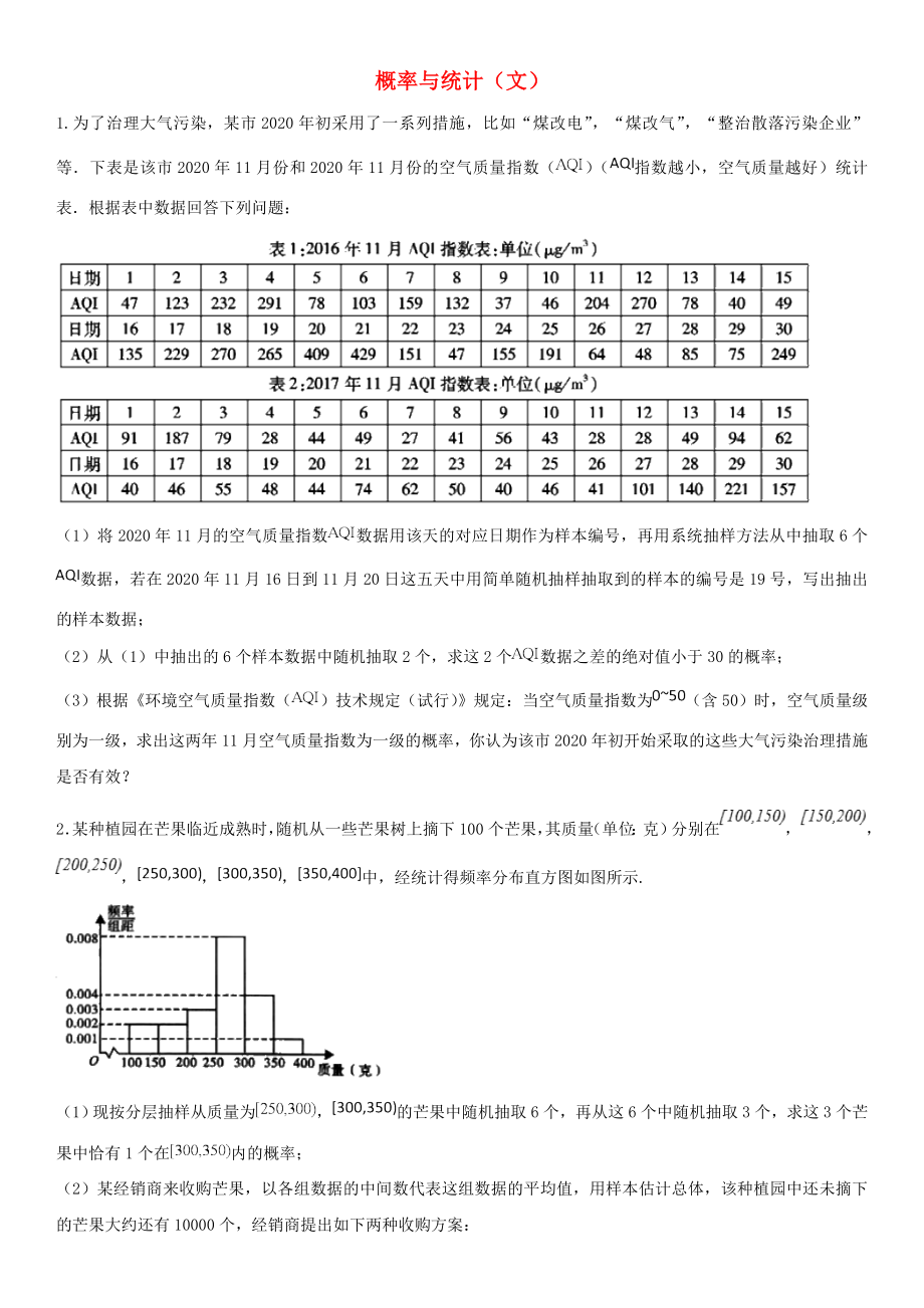 2020年高考數(shù)學(xué)三輪沖刺 點(diǎn)對點(diǎn)試卷 概率與統(tǒng)計(jì)（無答案）文_第1頁