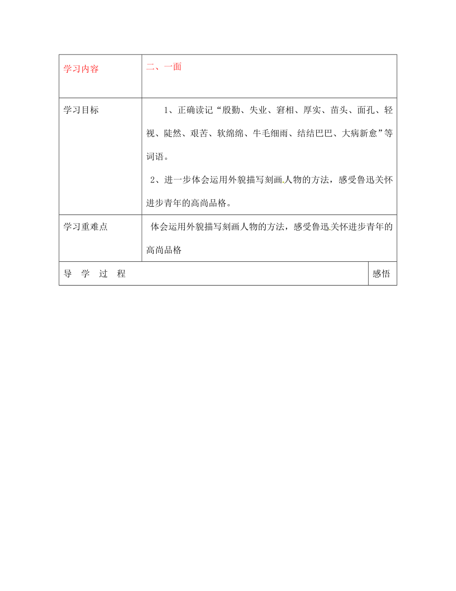 江蘇省宿遷市現(xiàn)代實驗學校七年級語文下冊《第2課 一面》導學案（無答案）（新版）蘇教版_第1頁