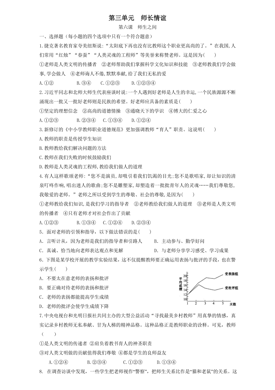 人教版道德與法治七年級(jí)上冊(cè) 第六課 師生之間 同步測(cè)試_第1頁(yè)