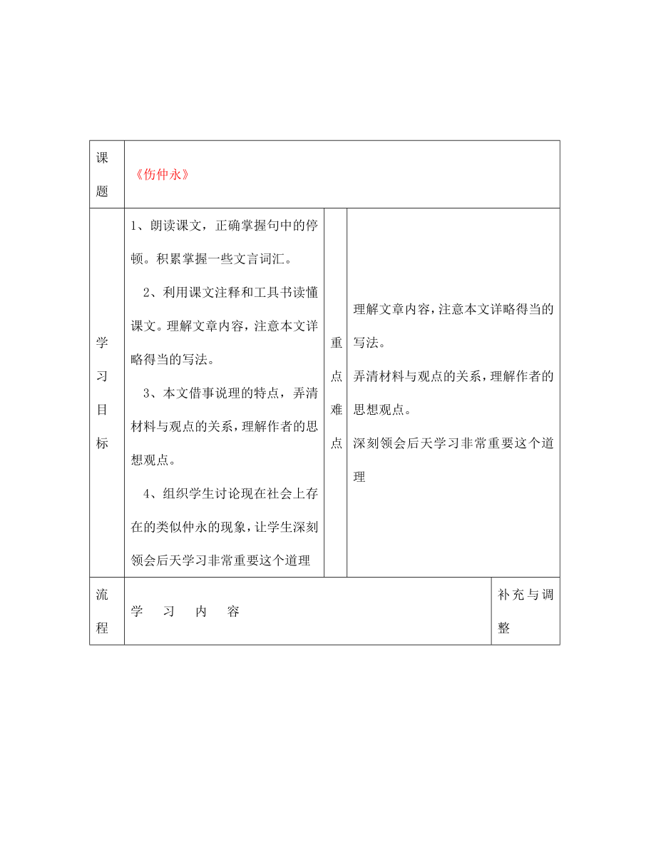 江蘇省徐州市第二十二中學(xué)七年級語文下冊《第五課 傷仲永》學(xué)案（無答案） 人教新課標(biāo)版_第1頁