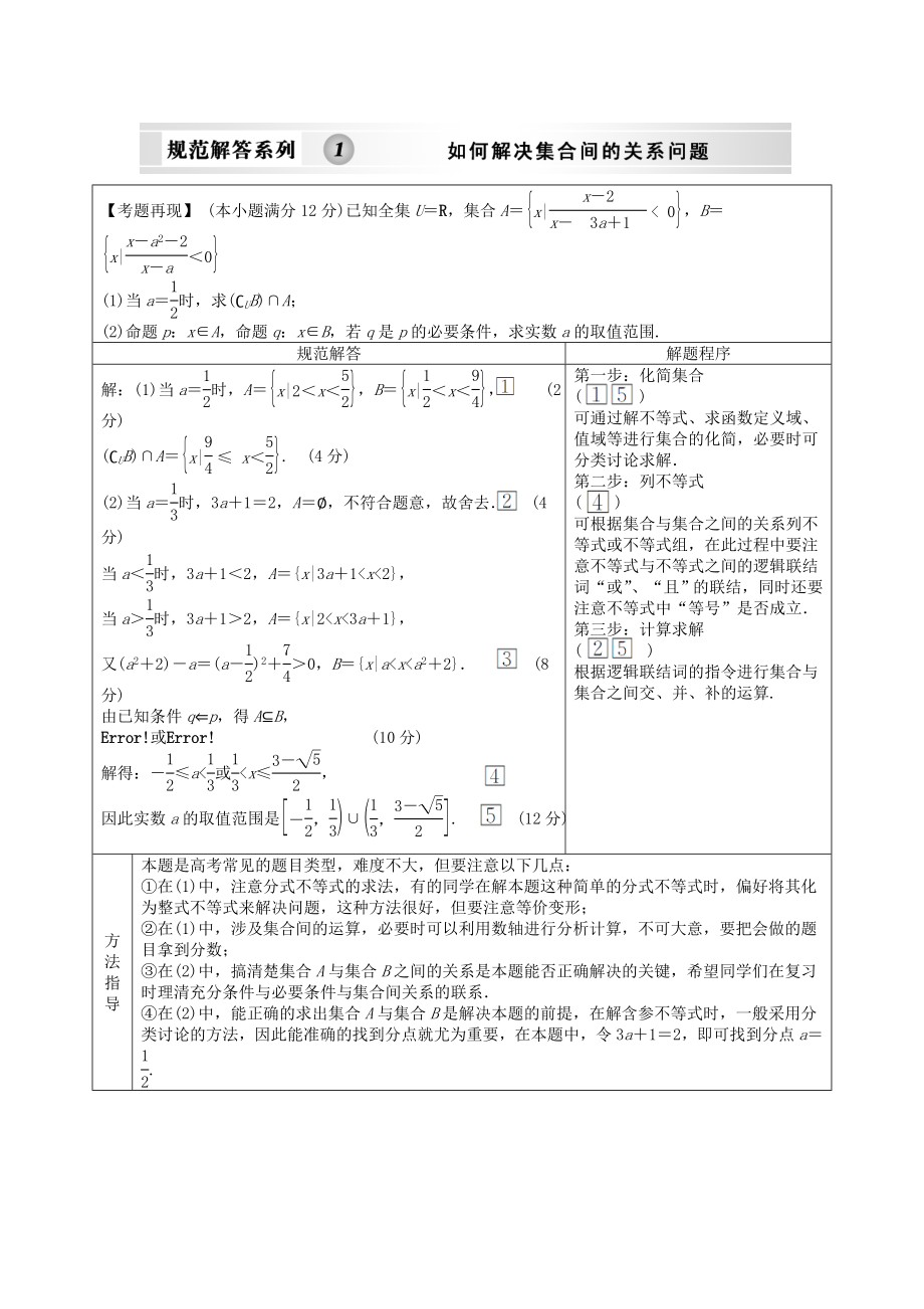 【创新设计】2020版高考数学总复习 第1单元 集合与常用逻辑用语 规范解答系列1训练 新人教B版（理）_第1页