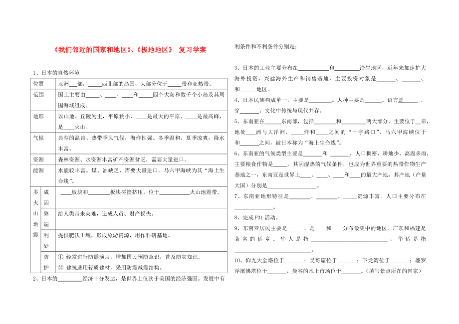 九年级物理 《我们邻近的国家和地区》《极地地区》 复习学案（无答案） 人教新课标版_第1页