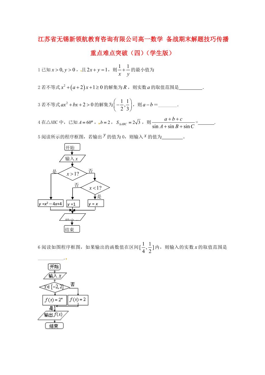 【備戰(zhàn)期末】江蘇省無錫新領(lǐng)航教育咨詢有限公司高一數(shù)學(xué) 解題技巧傳播重點(diǎn)難點(diǎn)突破（四）（學(xué)生版）（無答案）_第1頁