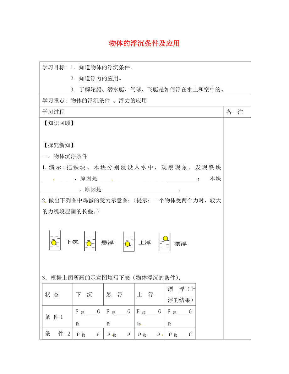 內(nèi)蒙古鄂爾多斯康巴什新區(qū)第一中學(xué)八年級物理下冊 10.3 物體的浮沉條件及應(yīng)用（第1課時）導(dǎo)學(xué)案（無答案） （新版）新人教版_第1頁