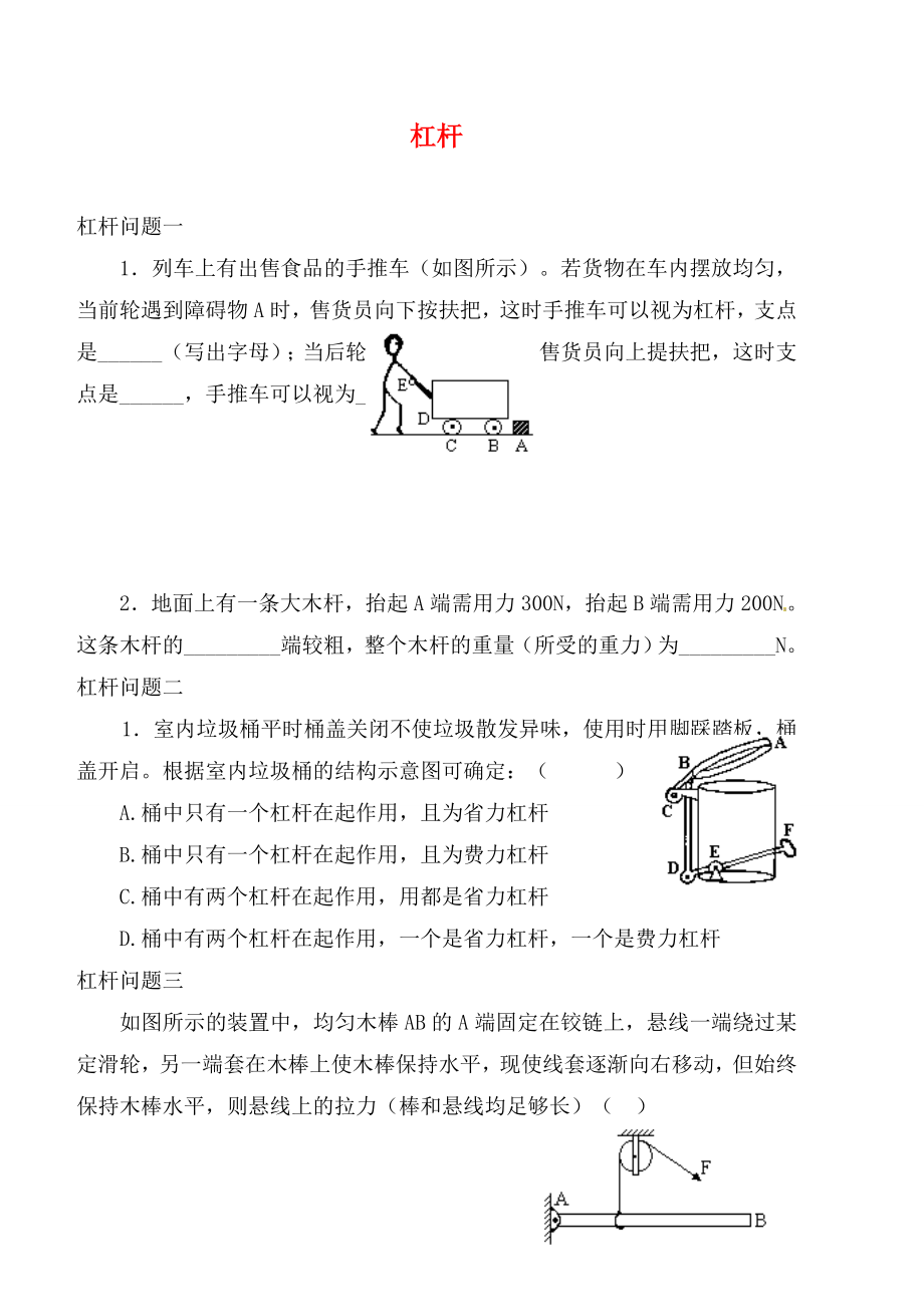 2020屆中考物理專題分類精訓(xùn) 杠桿（無(wú)答案）_第1頁(yè)