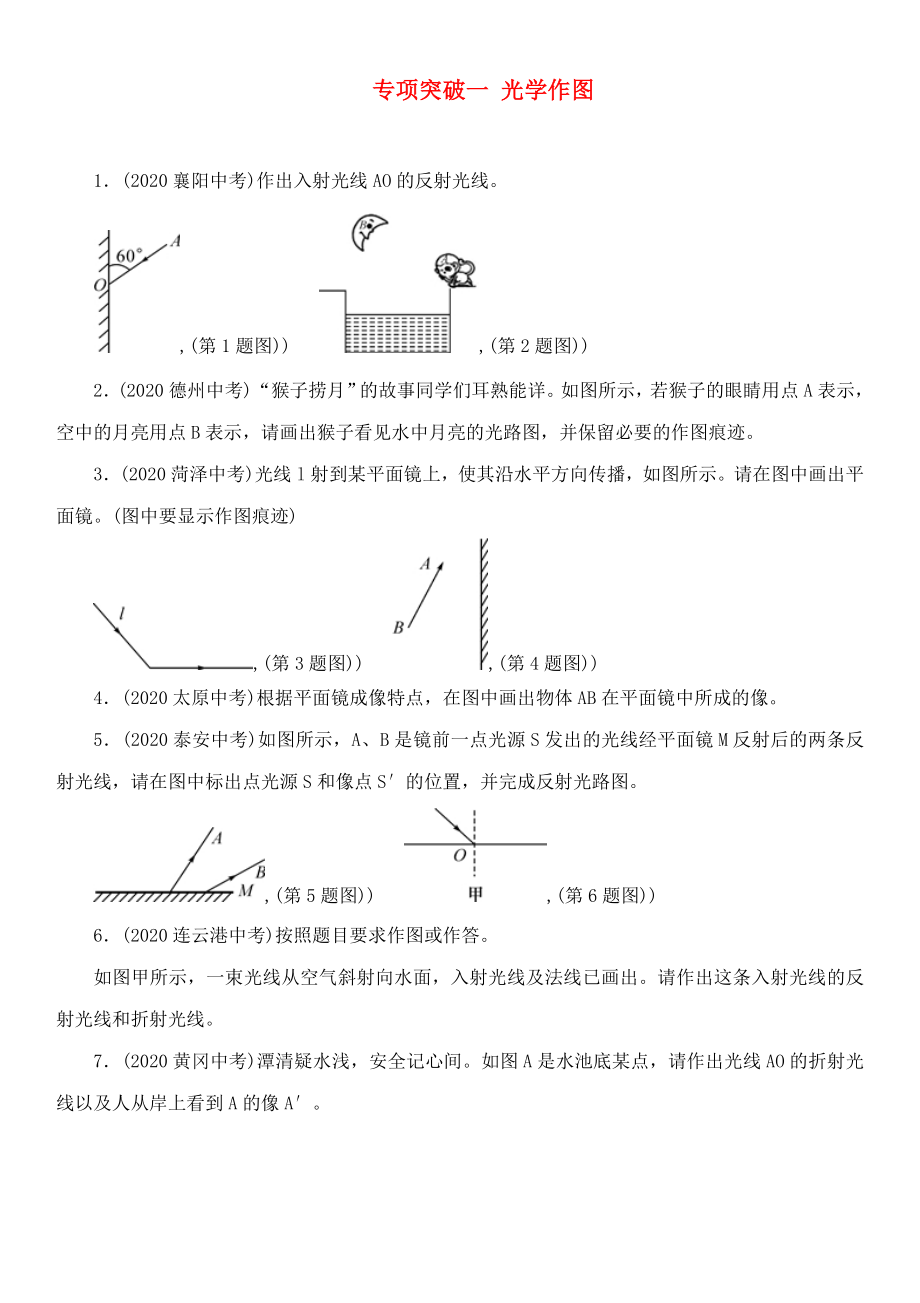 【中考命題研究】河北省2020中考物理 專項突破1 光學(xué)作圖（無答案）_第1頁