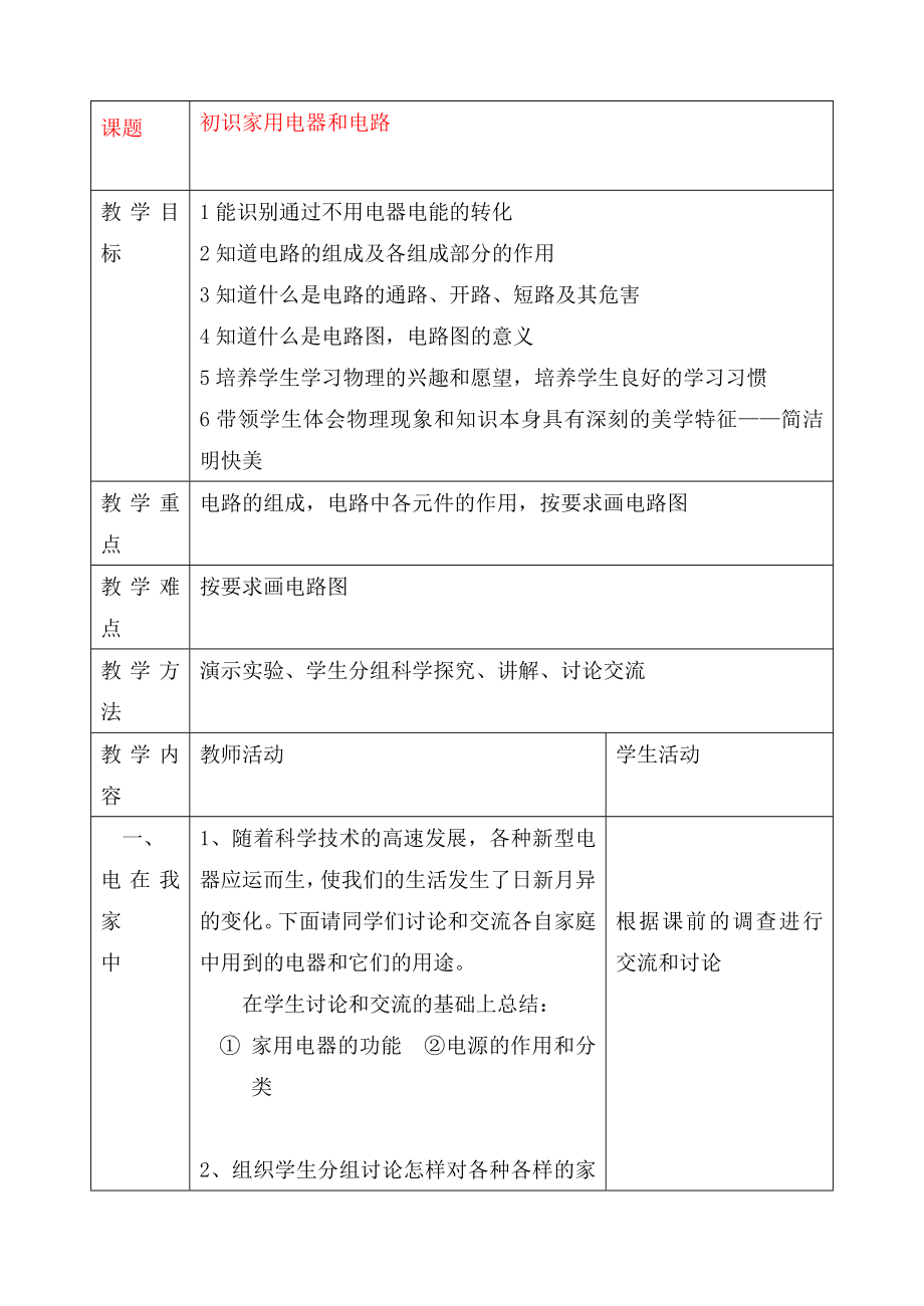 九年級物理上冊 初識家用電器和電路教案 蘇科版（通用）_第1頁