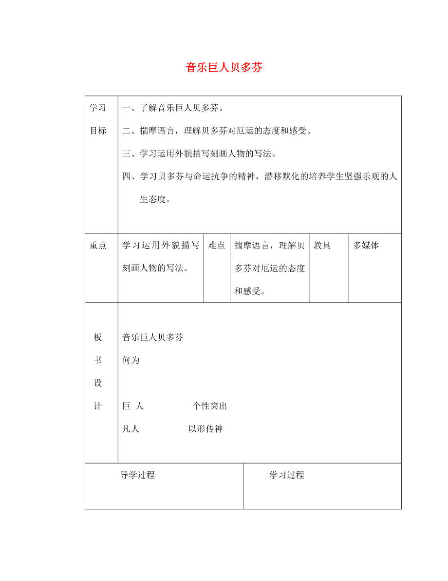 山東省臨沂市蒙陰縣第四中學七年級語文下冊 第13課《音樂巨人貝多芬》（第1課時）導學案（無答案） 新人教版_第1頁