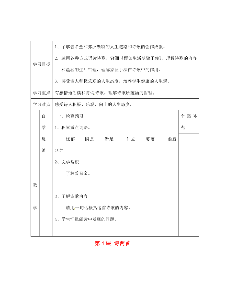 天津市葛沽第三中學(xué)2020學(xué)年七年級語文下冊 第4課 詩兩首（第1課時(shí)）學(xué)案（無答案） 新人教版_第1頁