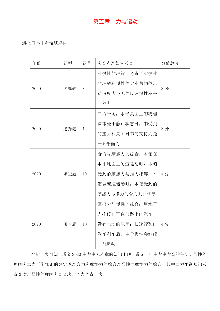 中考命題研究（遵義）2020中考物理 基礎(chǔ)知識(shí)梳理 第5章 力與運(yùn)動(dòng)（無(wú)答案）_第1頁(yè)