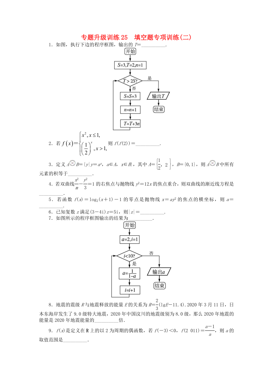 2020年全國高考數(shù)學(xué)第二輪復(fù)習(xí) 專題升級訓(xùn)練25 填空題專項訓(xùn)練(二) 理_第1頁