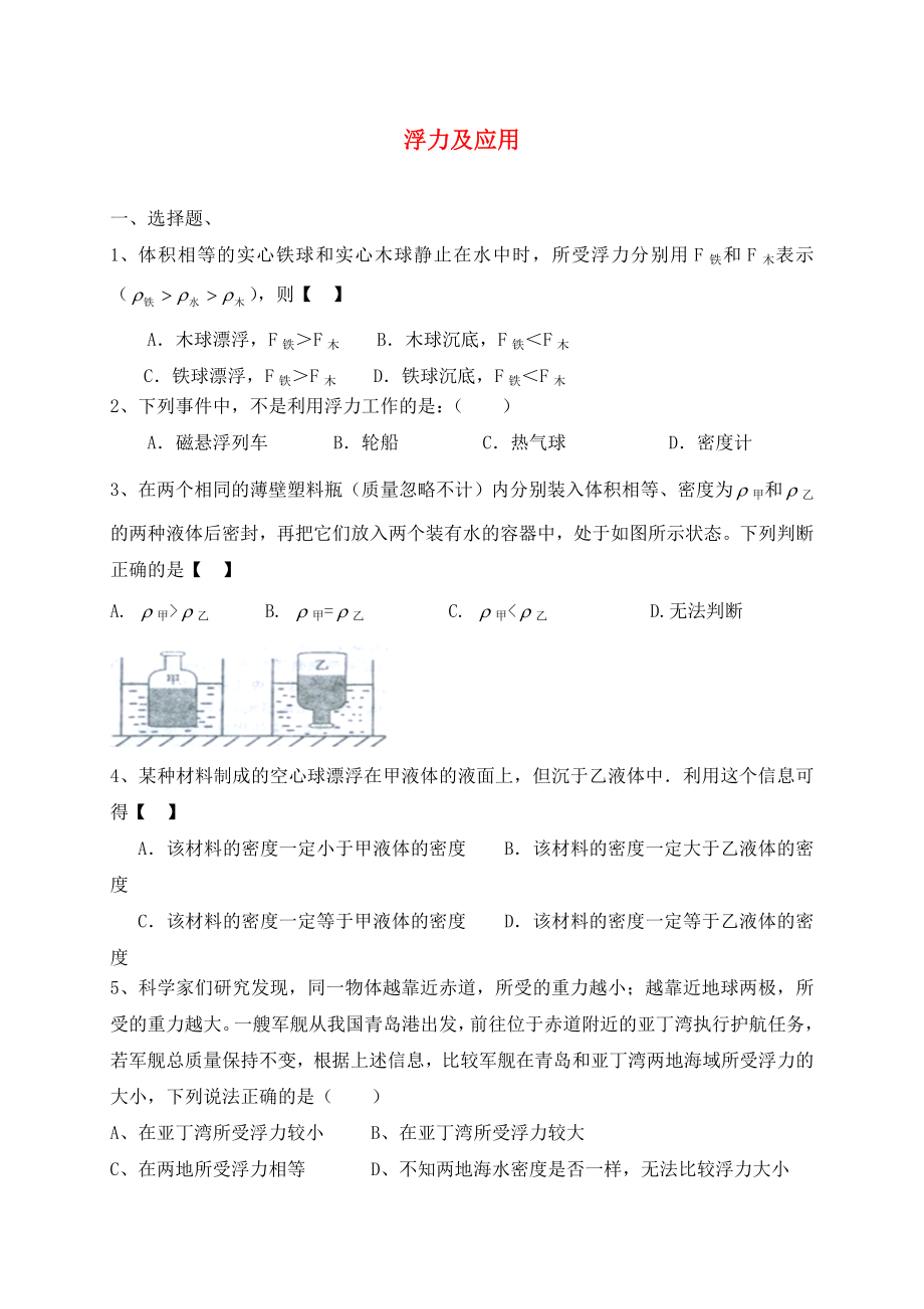 2020年中考物理專題訓(xùn)練 浮力及應(yīng)用（無答案）_第1頁