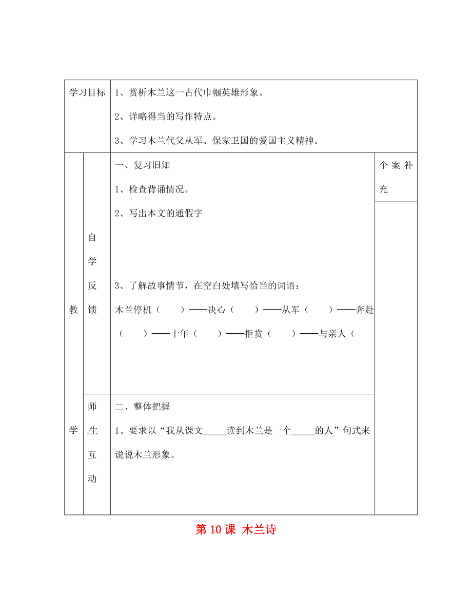 天津市葛沽第三中學(xué)2020學(xué)年七年級語文下冊 第10課 木蘭詩（第2課時）學(xué)案（無答案） 新人教版_第1頁