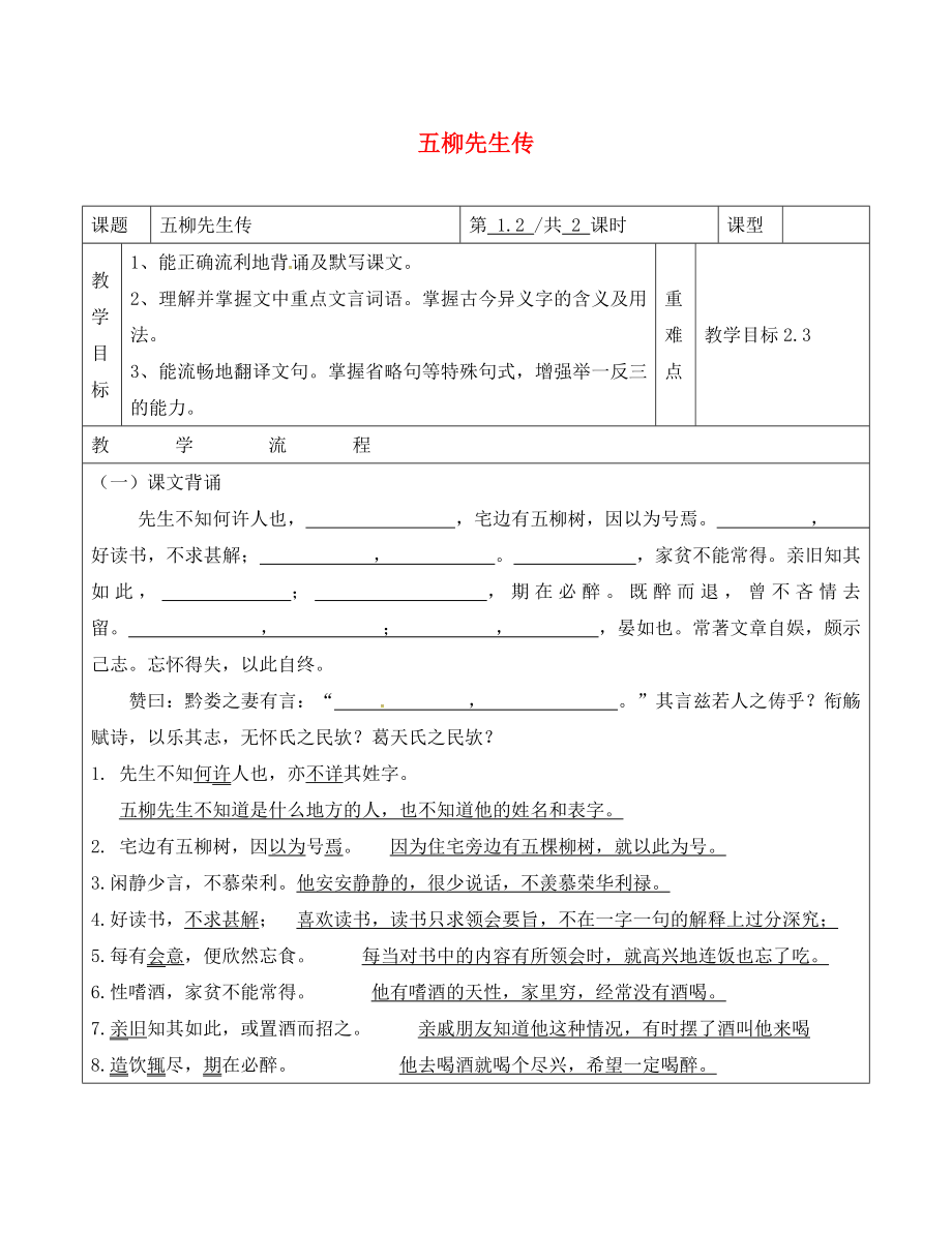 山東省青島市八年級語文下冊 第22課 五柳先生傳學案（無答案）（新版）新人教版（通用）_第1頁