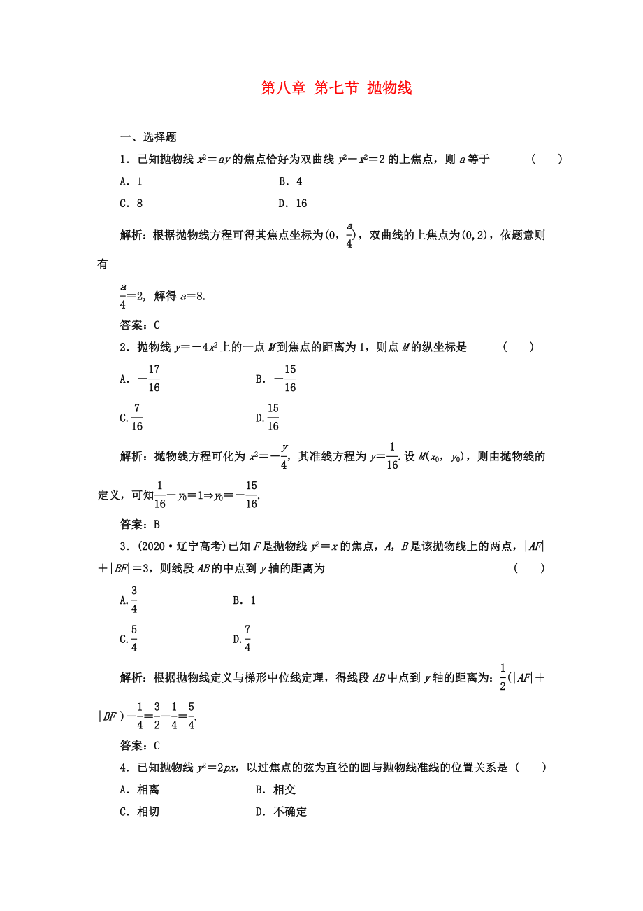 【成功方案】2020屆高考數(shù)學(xué)一輪復(fù)習(xí)課時(shí)檢測 第八章 第七節(jié) 拋物線 理_第1頁