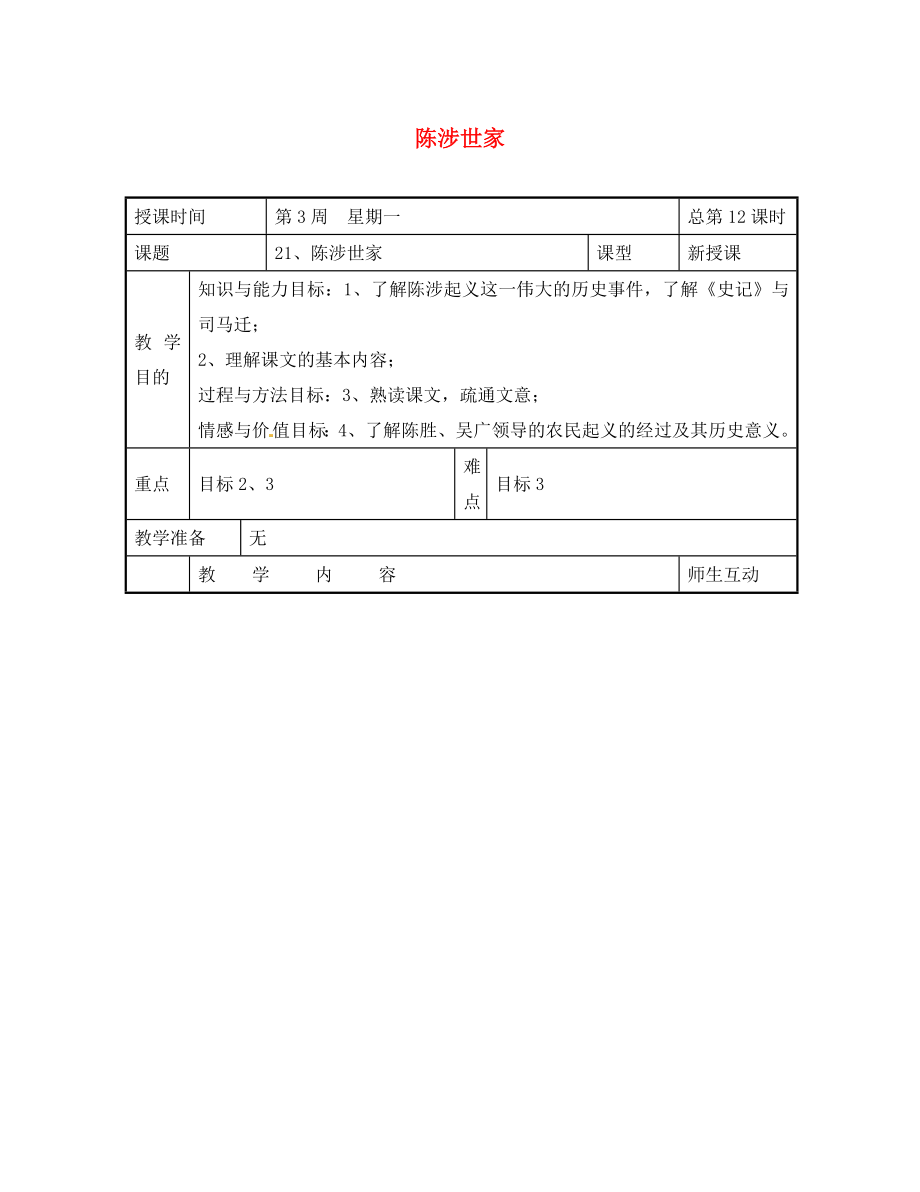 山東省博山區(qū)第六中學九年級語文上冊 21 陳涉世家導學案（無答案） 新人教版_第1頁