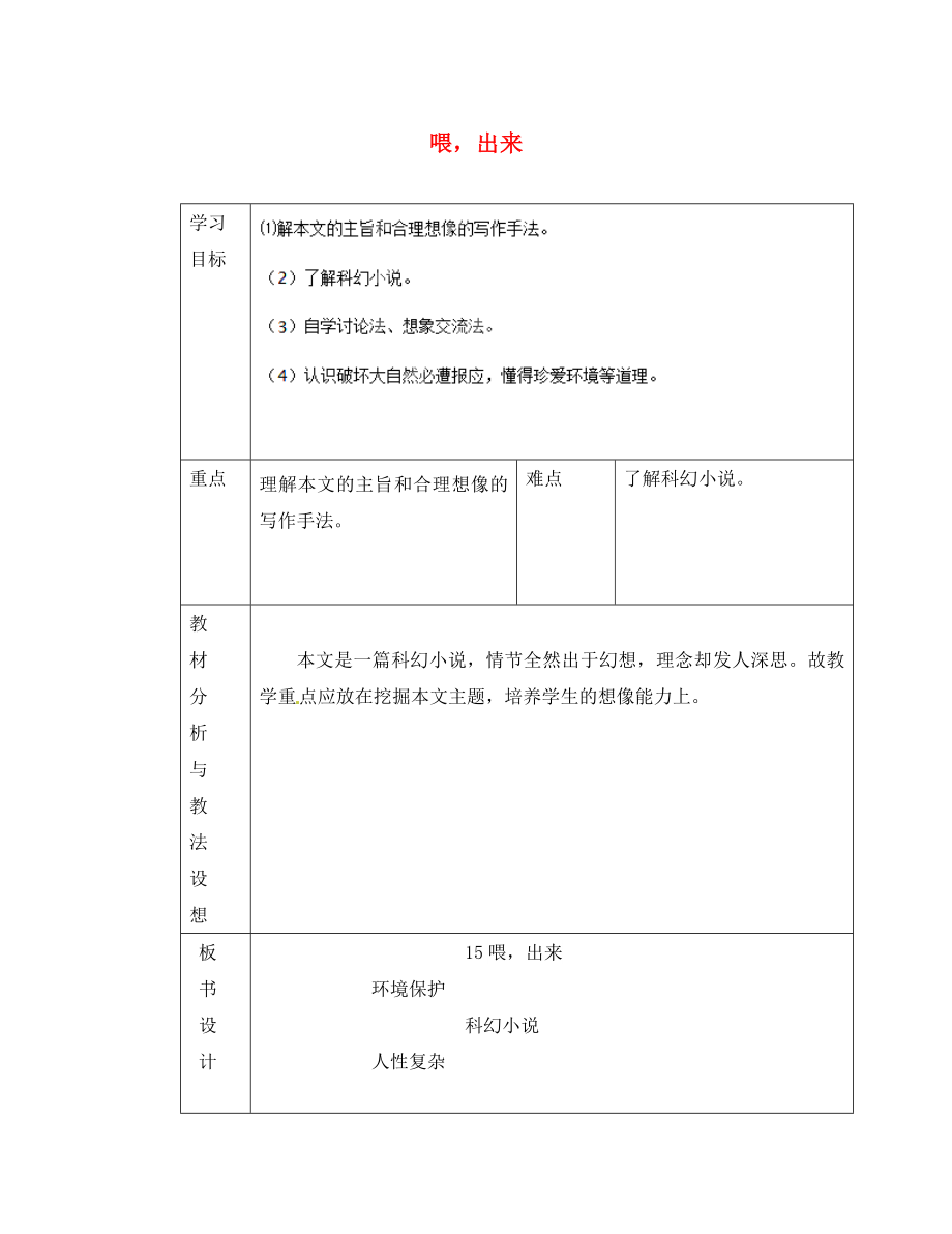 山東省臨沂市蒙陰縣第四中學(xué)八年級語文下冊 15《喂——出來》（第2課時）導(dǎo)學(xué)案（無答案） 新人教版_第1頁