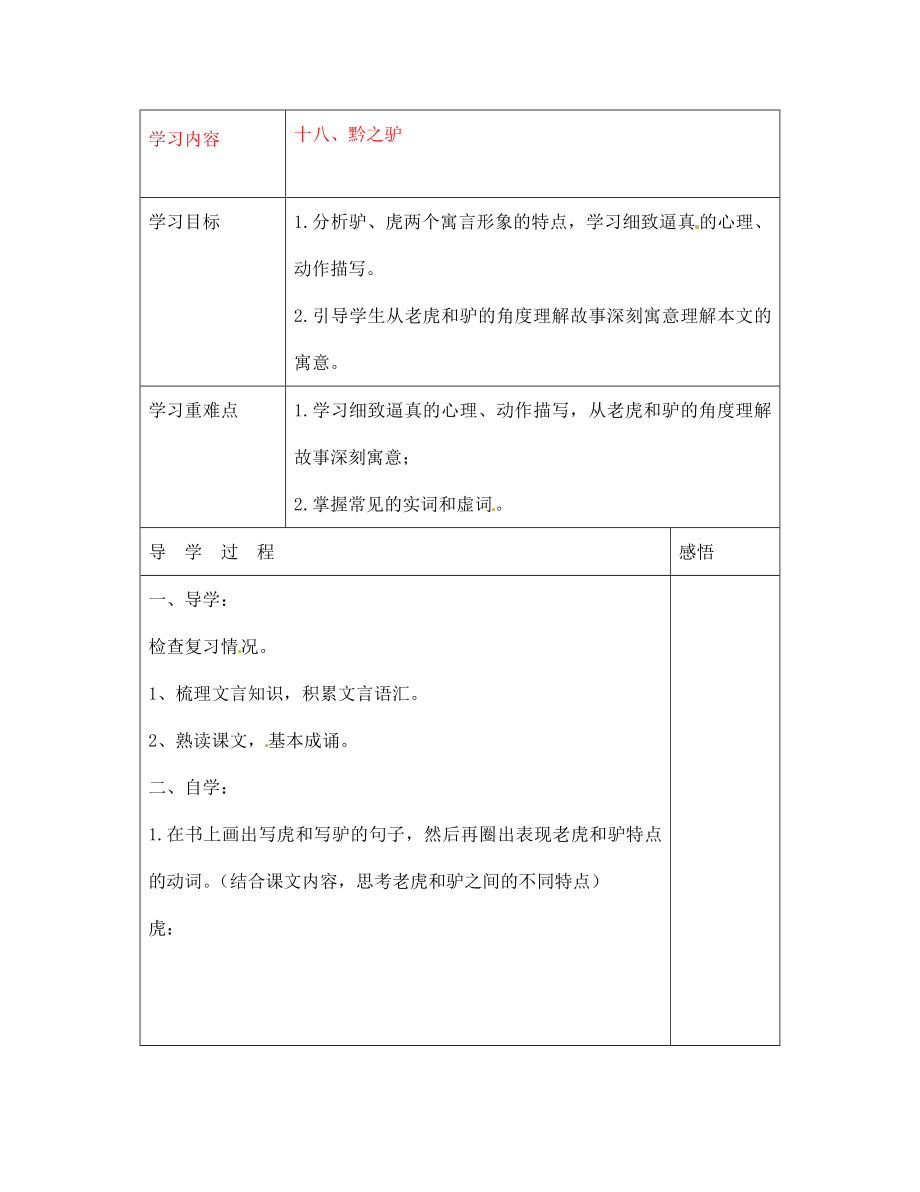 江蘇省宿遷市現(xiàn)代實驗學(xué)校七年級語文下冊《第18課 黔之驢》導(dǎo)學(xué)案2（無答案）（新版）蘇教版_第1頁