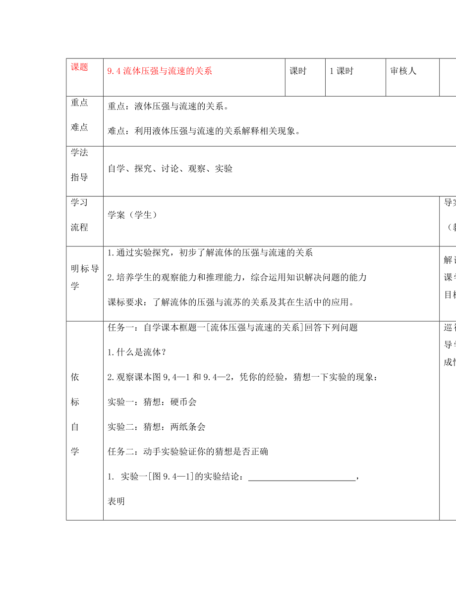 安徽省阜阳市太和县胡总中心学校八年级物理下册 9.4 流体压强与流速的关系导学案（无答案）（新版）新人教版_第1页