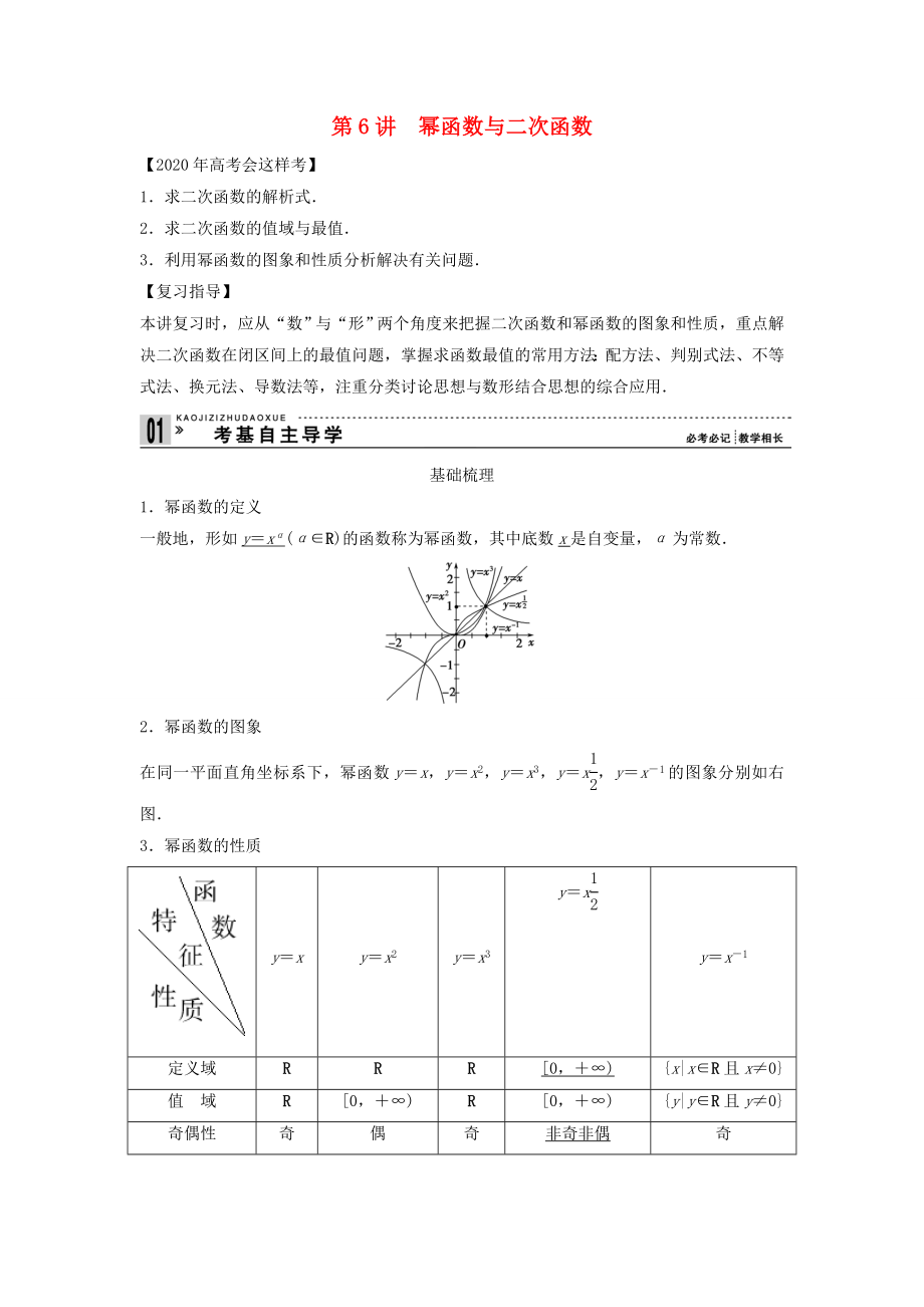 【創(chuàng)新方案】2020年高考數(shù)學(xué)一輪復(fù)習(xí) 第二篇 函數(shù)與基本初等函數(shù)Ⅰ第6講　冪函數(shù)與二次函數(shù)教案 理 新人教版_第1頁