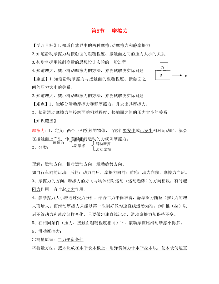 2020八年級物理下冊 第七章 第五節(jié) 摩擦力導(dǎo)學(xué)案（無答案） 教科版_第1頁