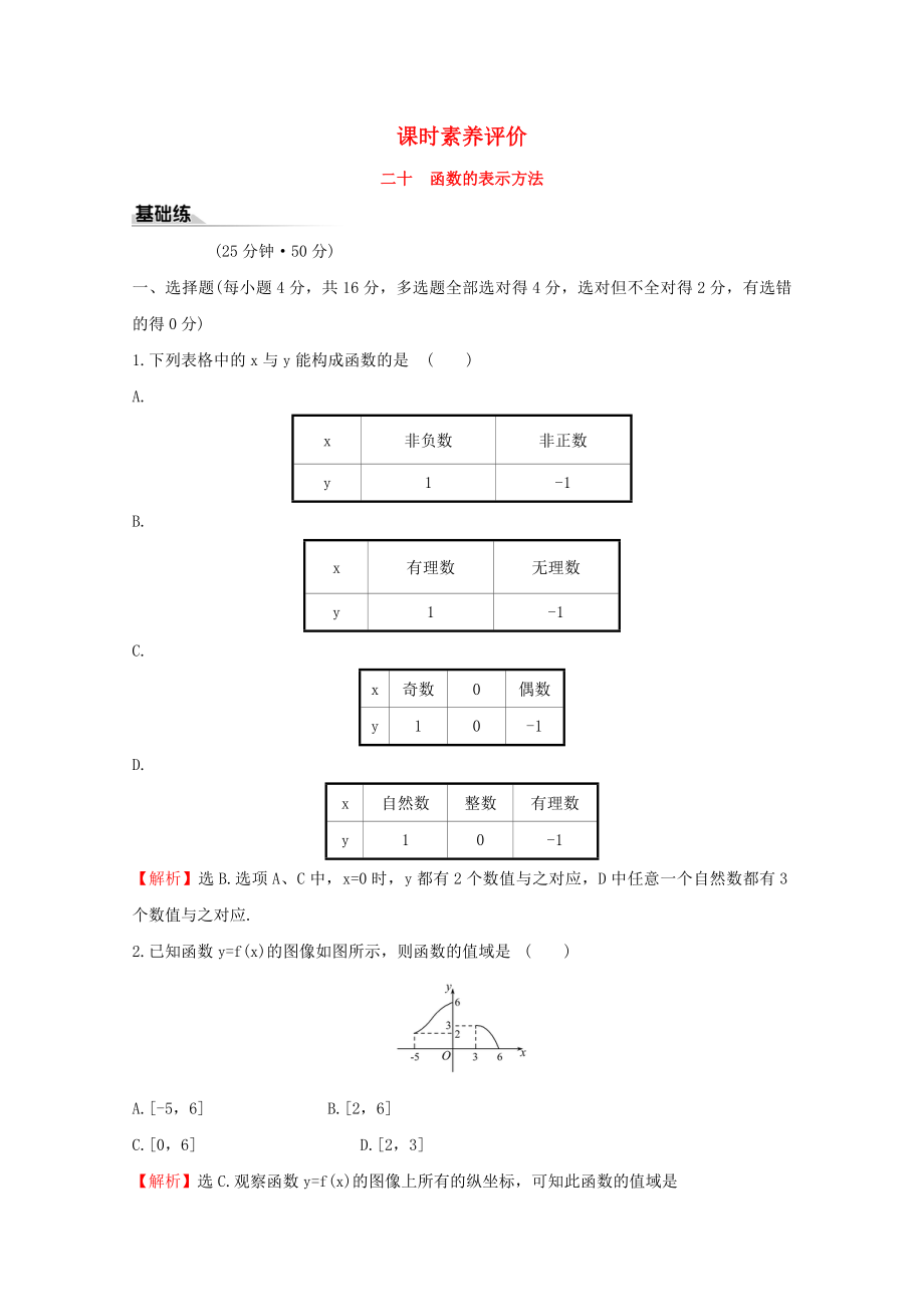 2020版新教材高中數(shù)學(xué) 課時(shí)素養(yǎng)評價(jià)二十 函數(shù)的表示方法 新人教B版必修1_第1頁