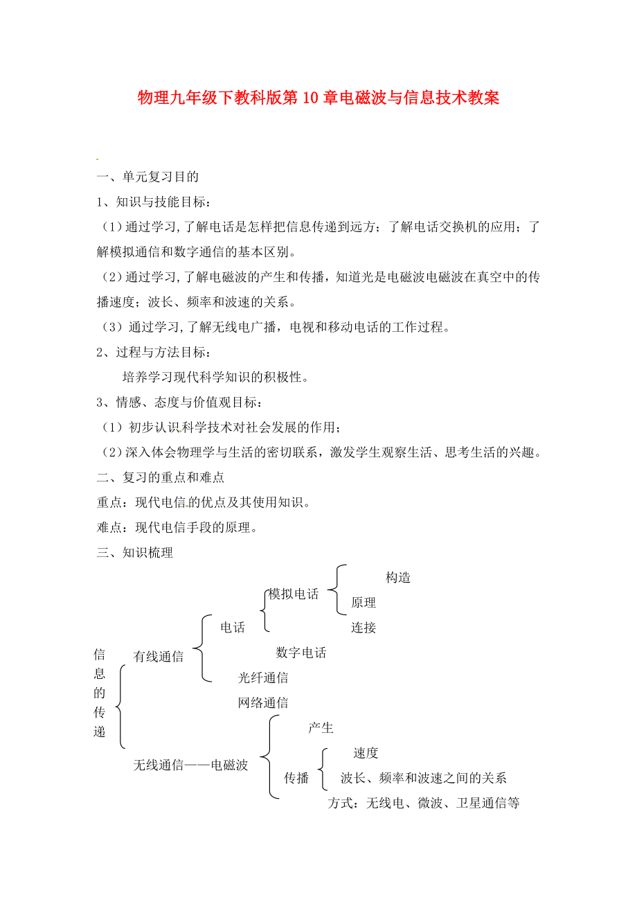 九年級(jí)物理下冊(cè) 第十章《電磁波與信息技術(shù)》教案 教科版（通用）_第1頁