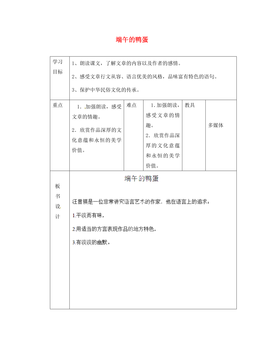 山東省臨沂市蒙陰縣第四中學(xué)八年級語文下冊 17《端午的鴨蛋》（第2課時(shí)）導(dǎo)學(xué)案（無答案） 新人教版_第1頁