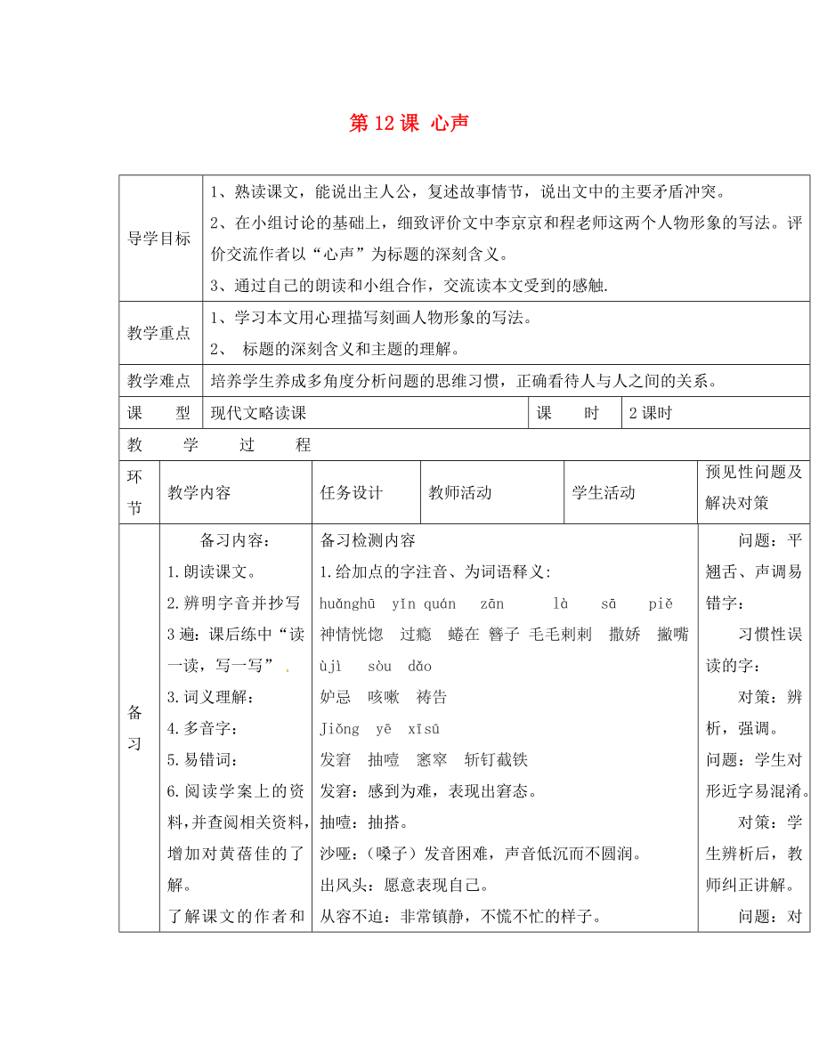 吉林省通化市外國(guó)語(yǔ)中學(xué)九年級(jí)語(yǔ)文上冊(cè) 第12課 心聲導(dǎo)學(xué)案（無(wú)答案） 新人教版_第1頁(yè)