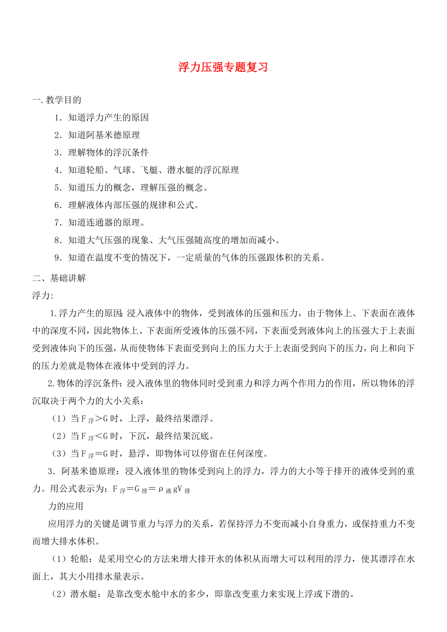 2020中考物理專題復(fù)習(xí) 浮力 壓強（無答案）_第1頁