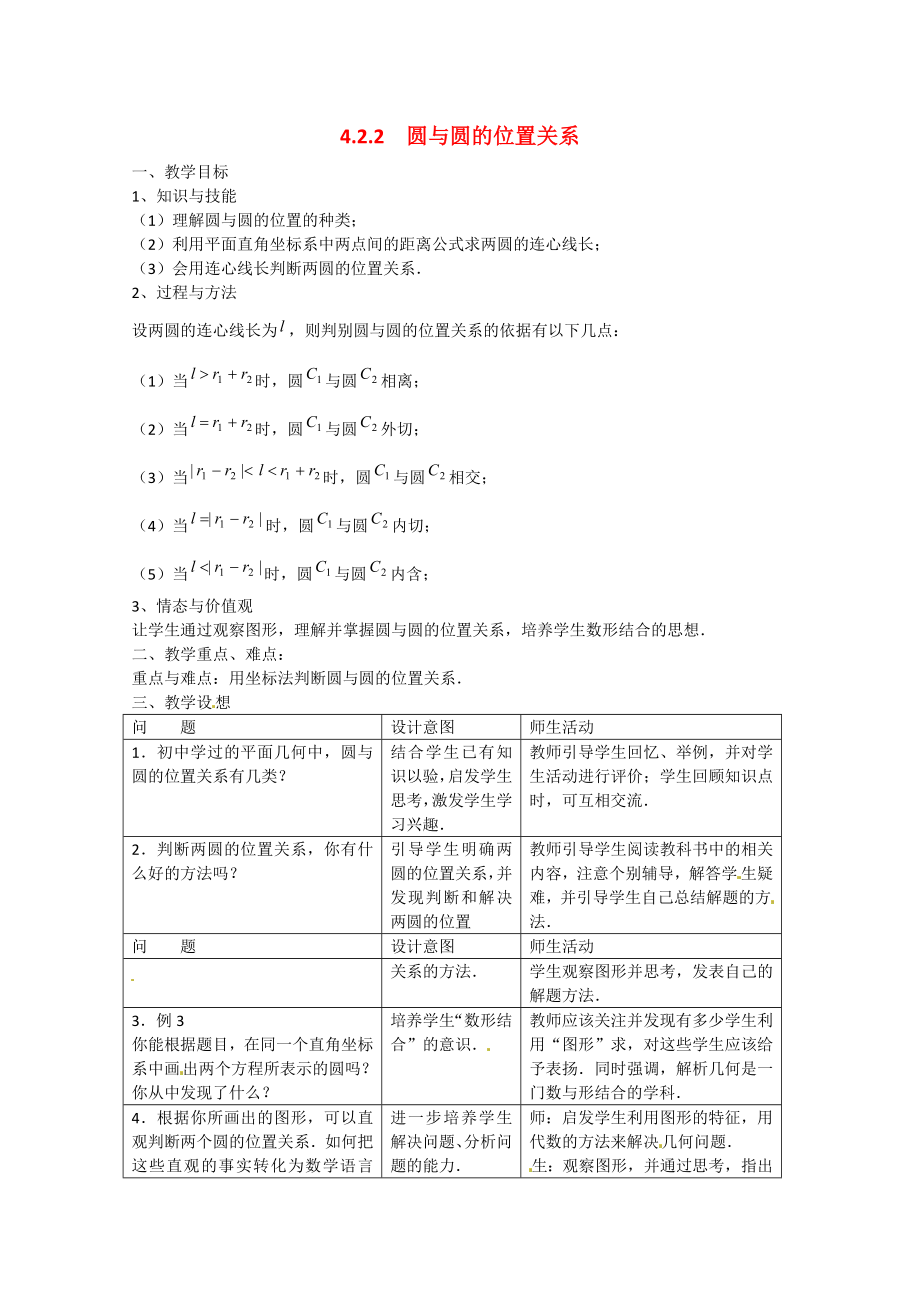 山東省招遠(yuǎn)市第二中學(xué)高中數(shù)學(xué) 《圓與圓的位置關(guān)系》教案 新人教版必修2_第1頁