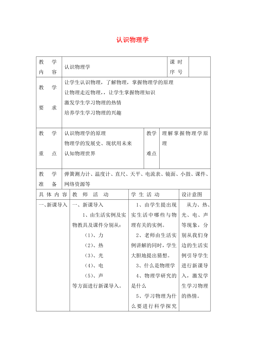 八年級(jí)物理上冊(cè) 引言 認(rèn)識(shí)物理學(xué)教案 教科版（通用）_第1頁(yè)